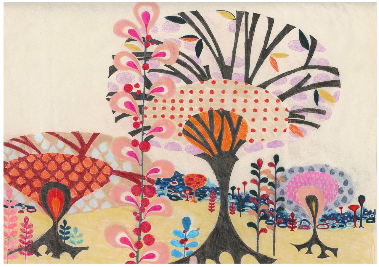 Aditi Raychoudhury. Land of Plenty (In Pink). 2009. 17" x 14". Colored Pencils on Tracing Paper.