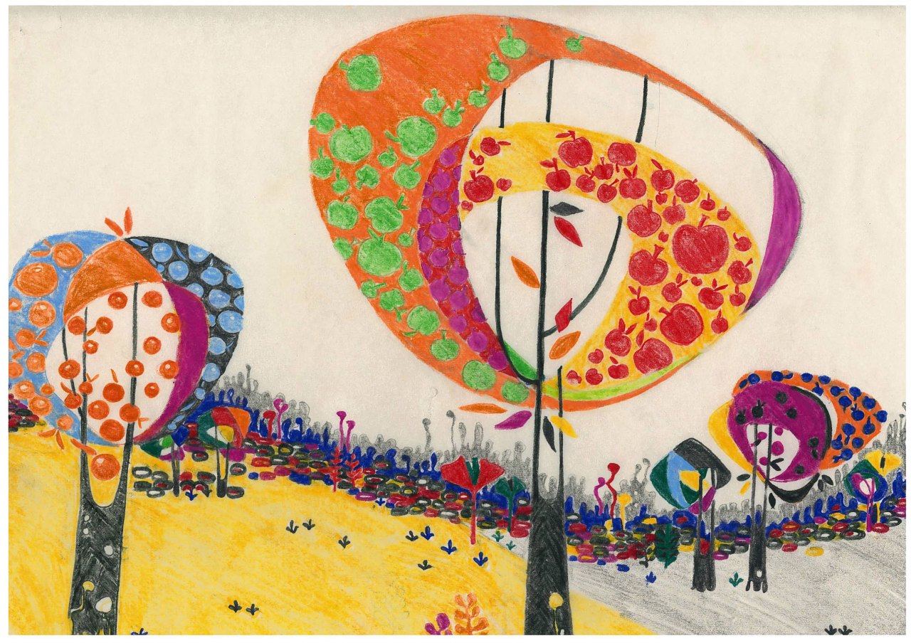 Aditi Raychoudhury. Land of Plenty (In Orange). 2009. 17" x 14". Colored Pencils on Tracing Paper.