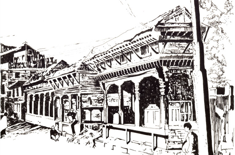 Aditi Raychoudhury. Village Gossip, Kirtipur, Nepal. 1991. Pen and Ink.