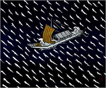 Miyata Masayuki. The Floating Bridge of Dreams (Yume no Ukihashi). From the Tale of Genji. 2001. Kiri-e.