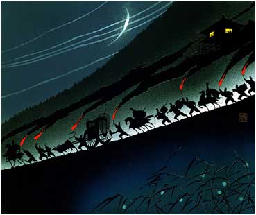 Miyata Masayuki. The Jeweled Garland (Tamakazura) - From the Tale of Genji. 2001. Kiri-e.