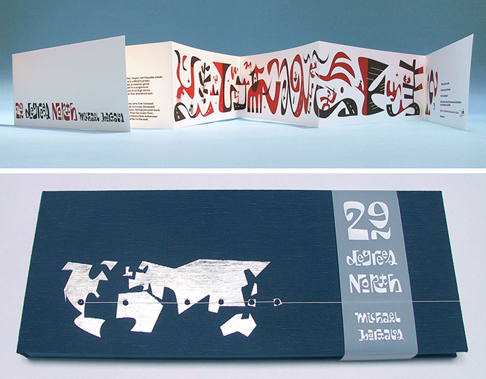 Michael Bartalos. 29 Degrees North : Deluxe Edition Medium: Screen print, foil stamp, ribbed Japanese bookcloth, thread and bolts.  Edition: 29 signed and numbered copies Publisher: San Francisco Center for the Book