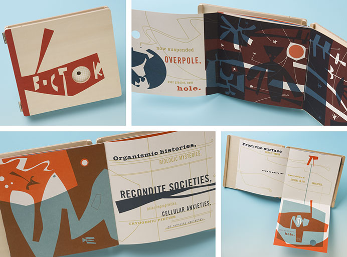 Michael Bartalos. Vostok. Medium: Letterpress printed from photopolymer plates, and screenprint on French Dur-o-Tone cover stock. Coptic-bound signatures cased in hinged wooden covers. Edition: 30 signed and numbered copies, 1 BAT, 3 PPs, 3 DPIs, 4 APs. Publisher: Dolphin Press & Print / MICA, Baltimore MD