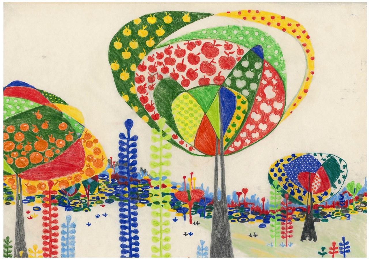 Aditi Raychoudhury. Land of Plenty (In Primary Colors). 2009. 17" x 14". Colored Pencils on Tracing Paper.