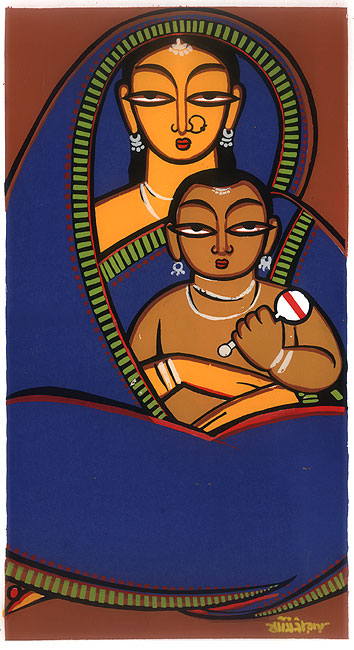 Jamini Roy. Mother and Child. Gouache on fabric mounted on board. 16 5/8 x 11 in. (42.4 x 28 cm.).