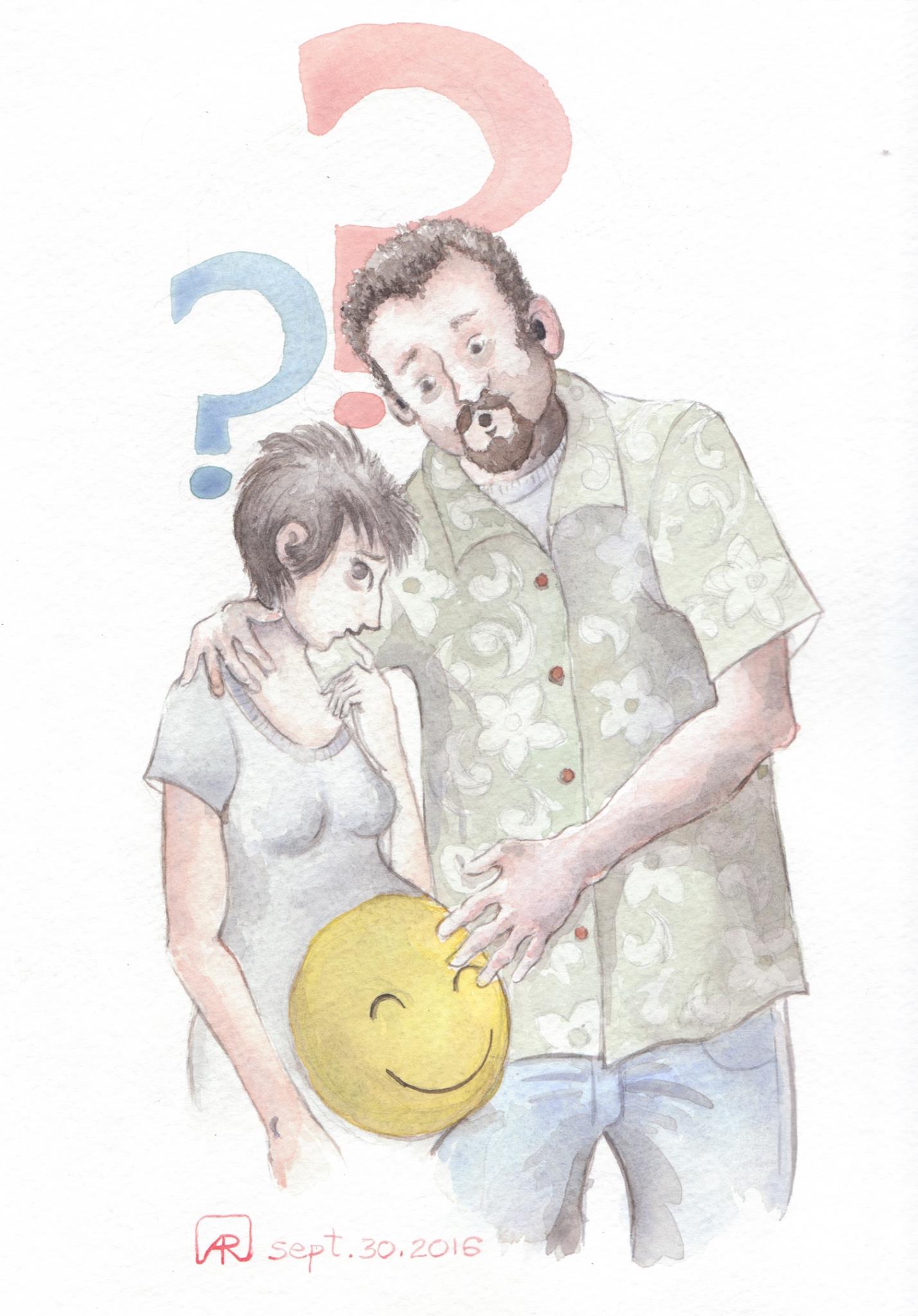 Aditi Raychoudhury. Hope and Anxiety (What Will She Be?). Watercolor on Paper. 2016.