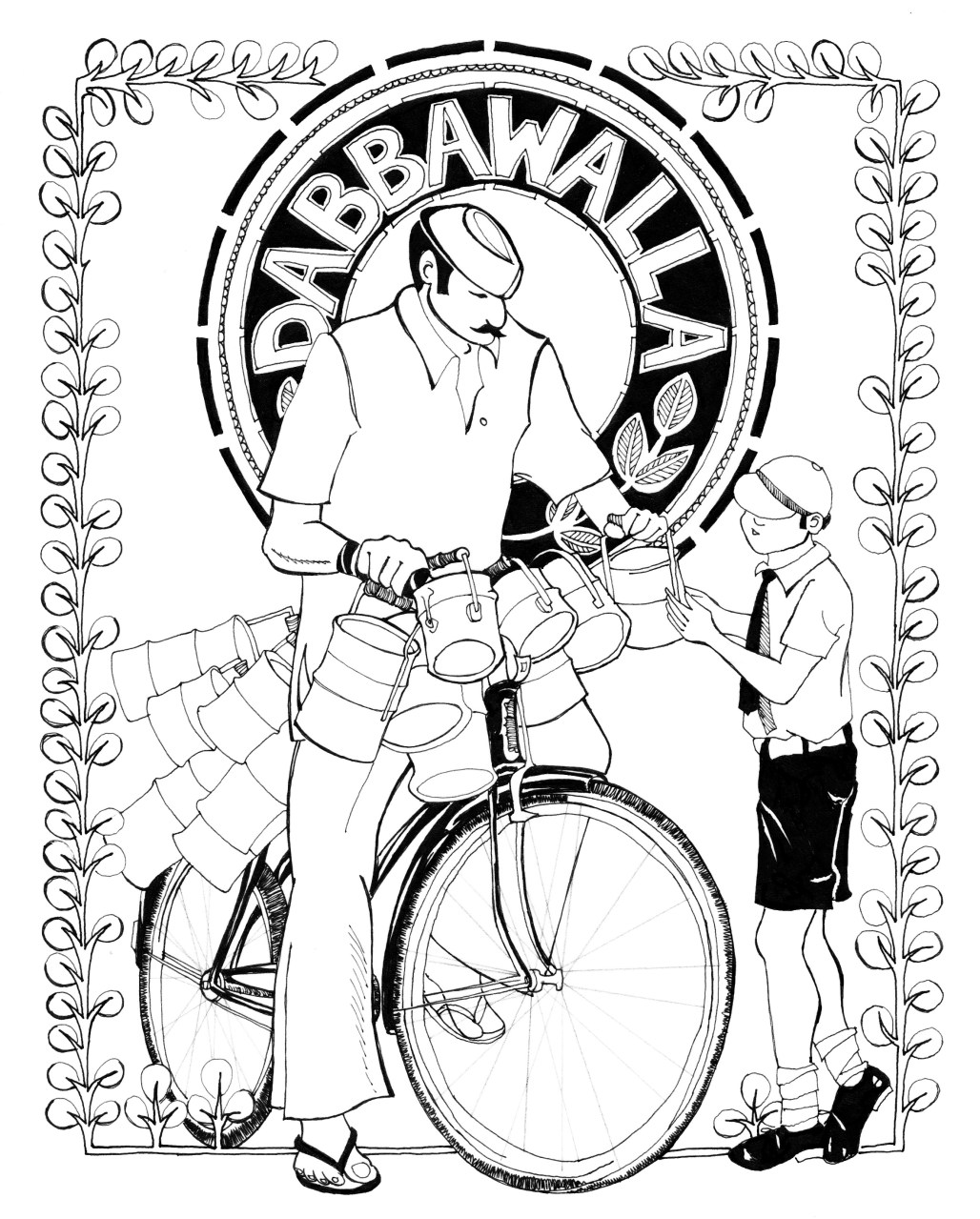 Aditi Raychoudhury. Dabbawalla. 2004. Pen and Ink. 8 1/2" x 11".