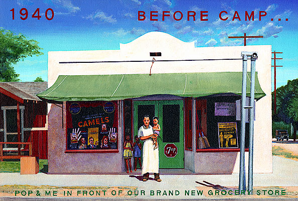 Ben Sakugochi. Post Cards from Camp: Pop and Me in Front of Grocery Store. 16