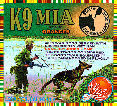 Ben Sakoguchi. Orange Crate Label Series: K9 MIA Brand. 2001. Acrylic on Canvas. 10