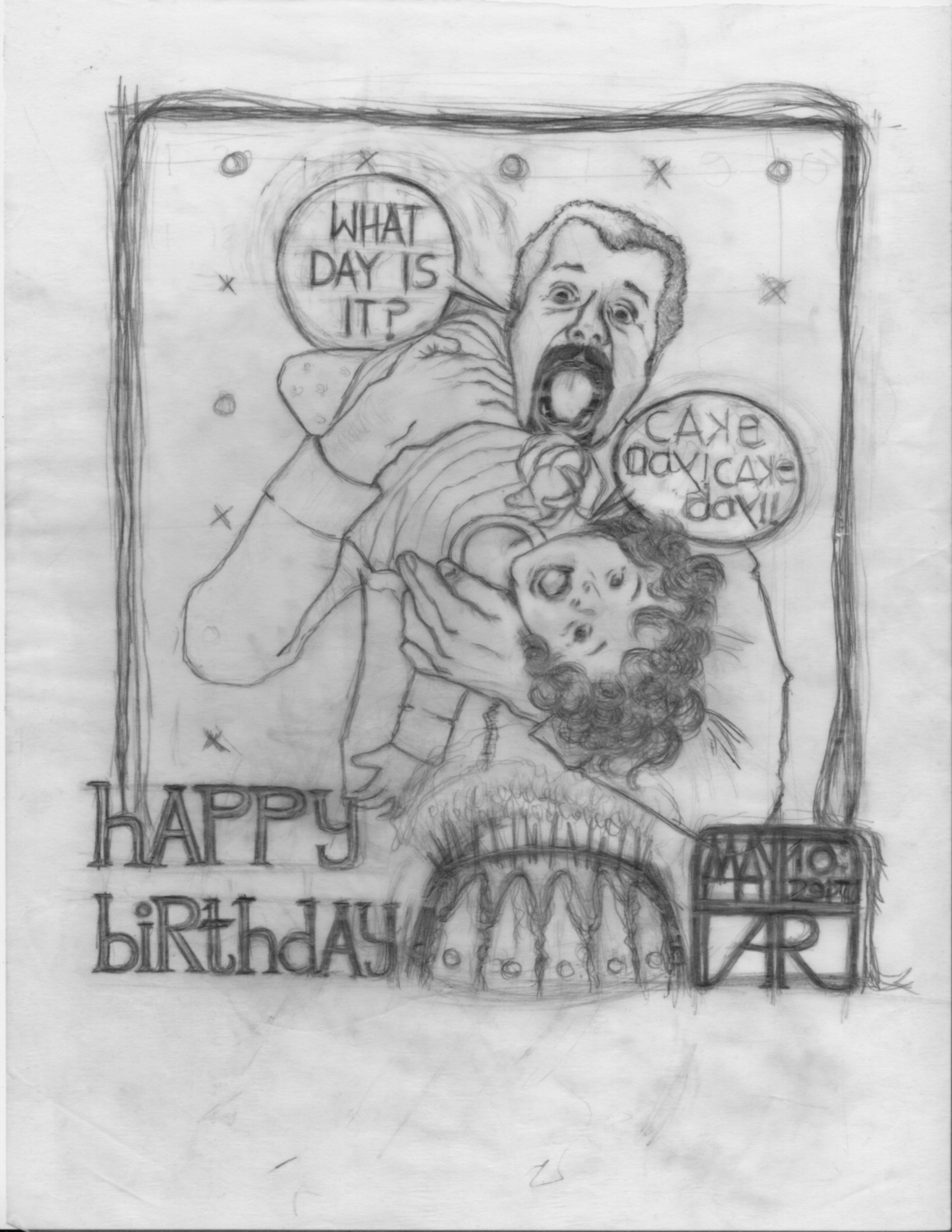 Aditi Raychoudhury. Happy Cake Day. 2017. Pencil Sketch on Tracing.