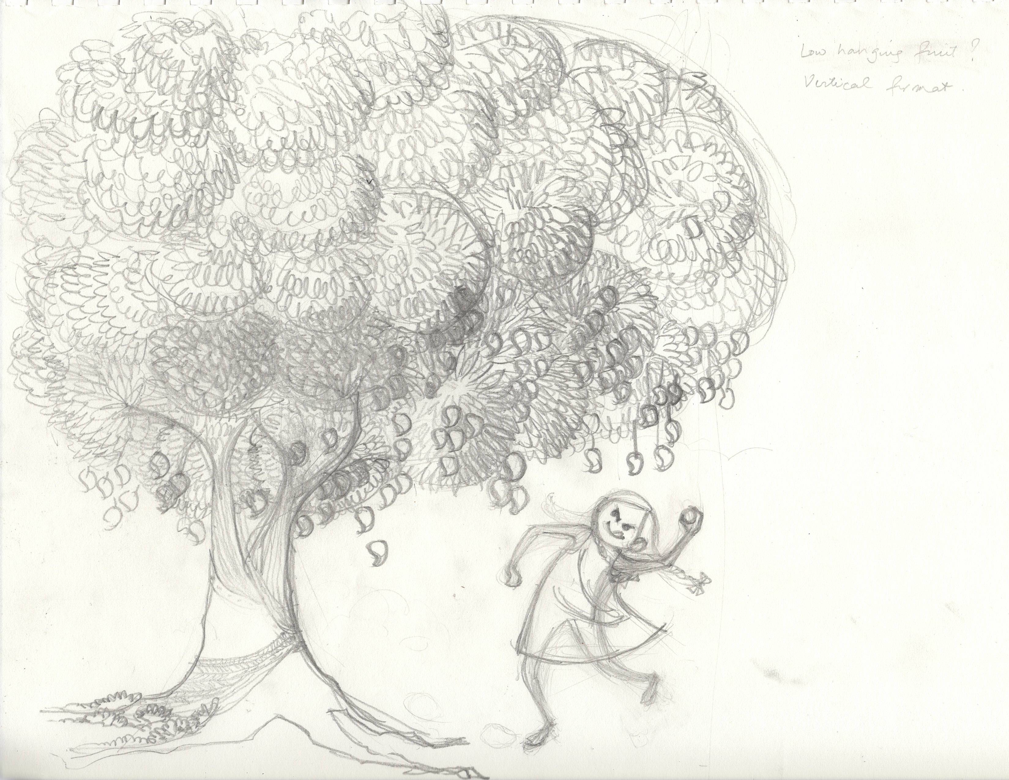 Aditi Raychoudhury. Prep sketch for Snagging a Mango. Pencil on Paper. 2017.