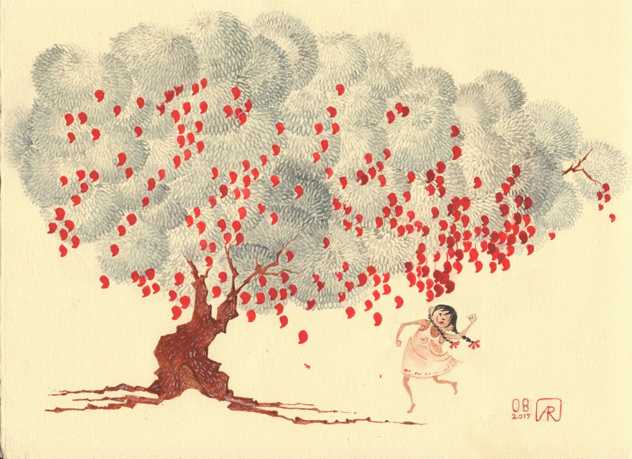 Aditi Raychoudhury. Snagging a Mango. Watercolors and Gouche on BFK Rives. 2017.