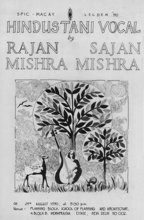 Aditi Raychoudhury. Poster for SPICMACAY, Rajan and Sajan Misra. 1990. Pen and Ink