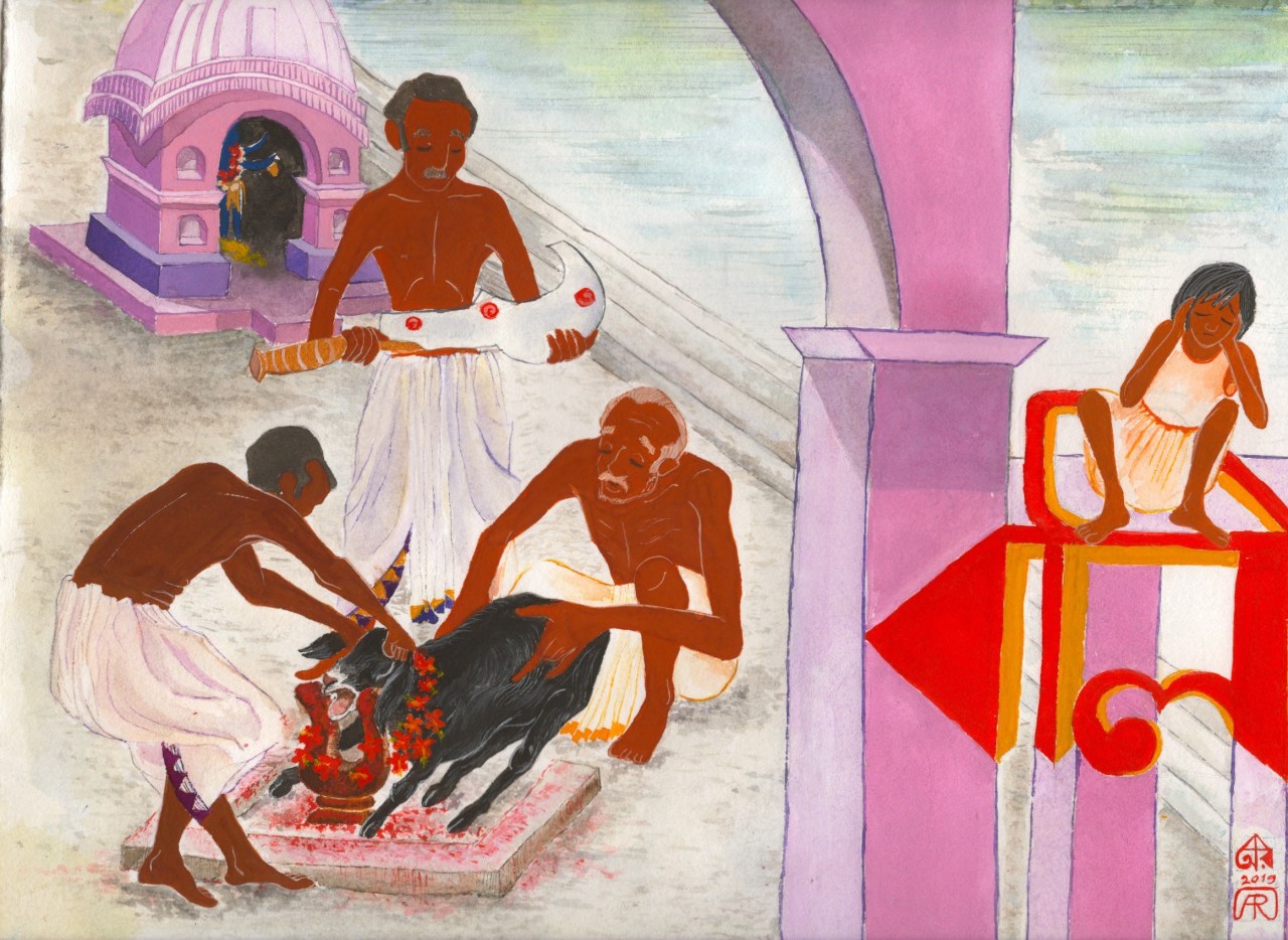 Aditi Raychoudhury. Animal sacrifice. Kali Pujo. 2019. Gouache and Watercolor.
