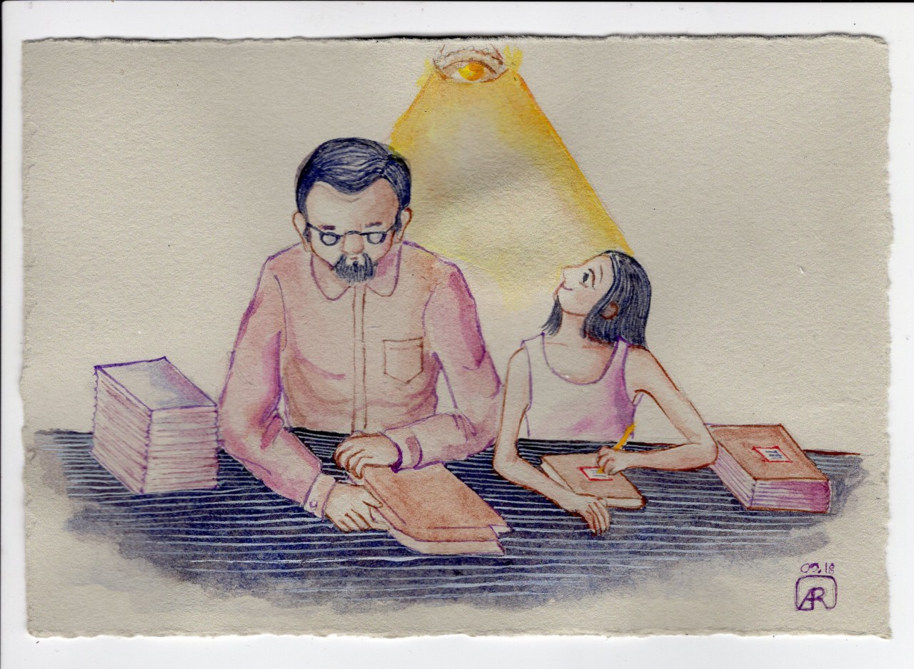 Aditi Raychoudhury. Back to school then and now. Watercolor and gouache. 2018.